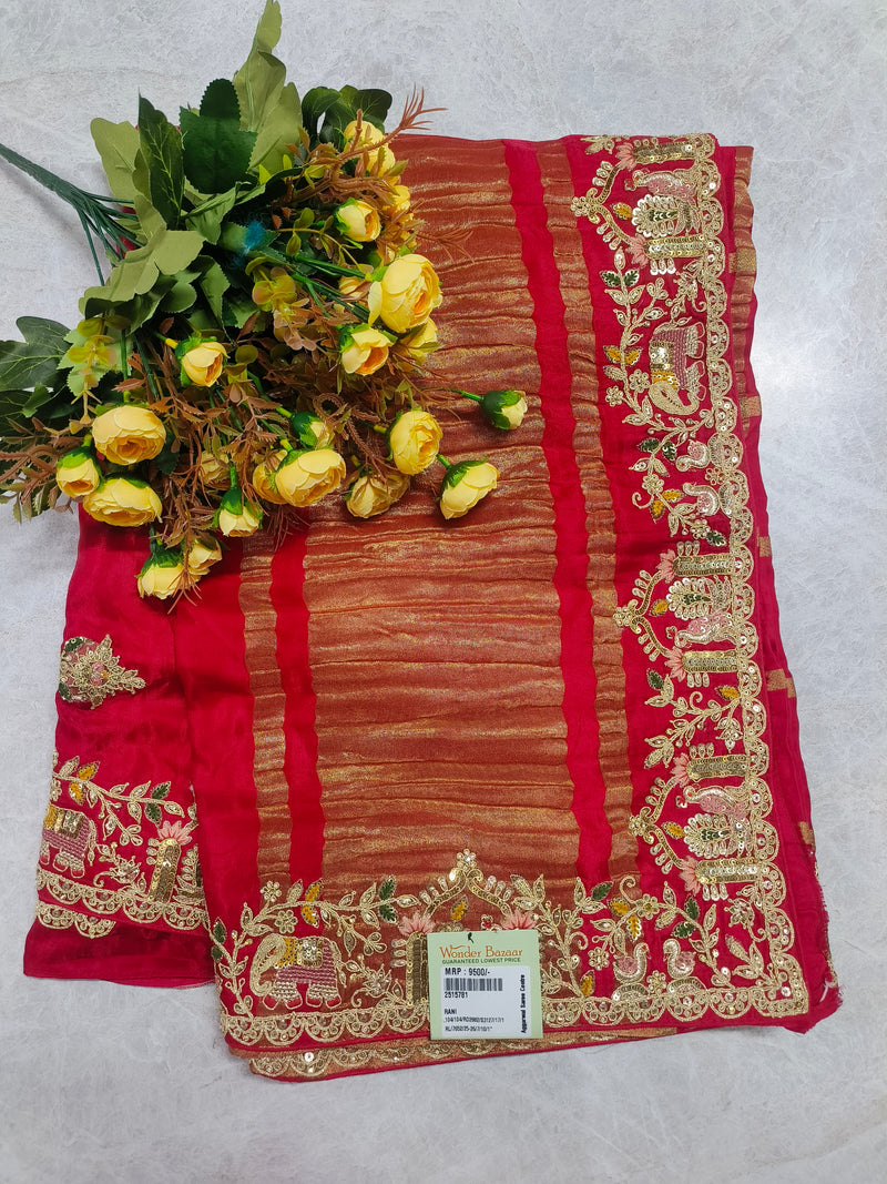 Radiant Rani Pink Pleated Georgette Saree with Elephant Zari Border