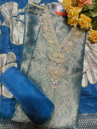 Exquisite Teal Blue Embroidered Brocade Unstitched Salwar Suit Set