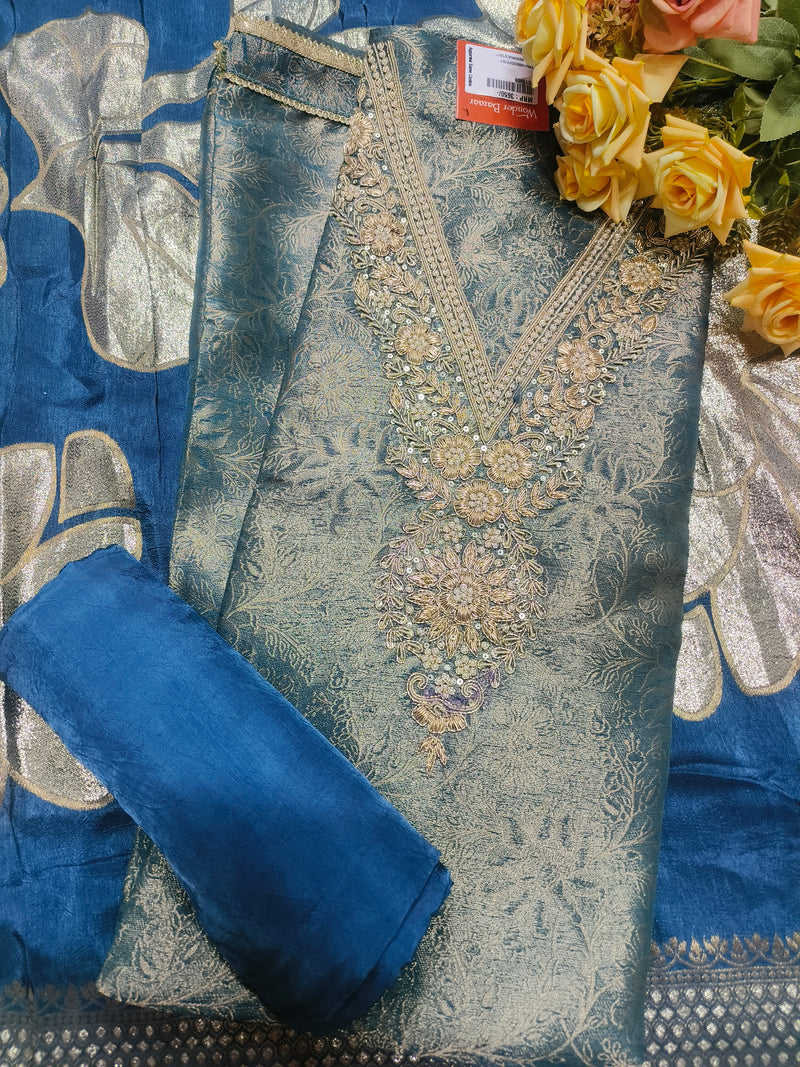 Exquisite Teal Blue Embroidered Brocade Unstitched Salwar Suit Set