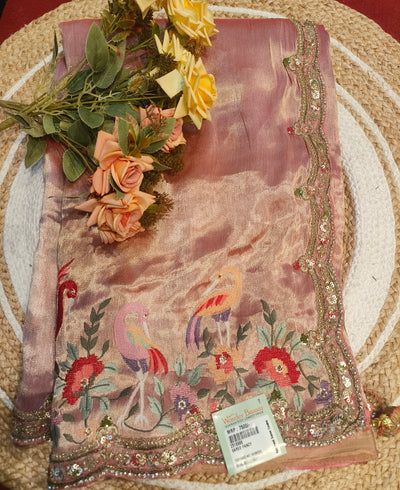 Elegant Dusky Pink Saree with Bird & Floral Embroidery