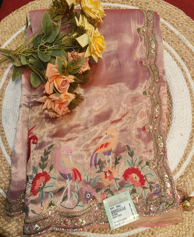 Elegant Dusky Pink Saree with Bird & Floral Embroidery