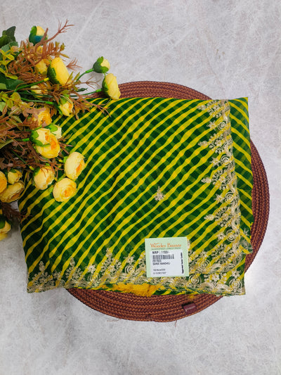 Vibrant Green and Yellow Leheriya Saree with Intricate Gold Embroidered Border