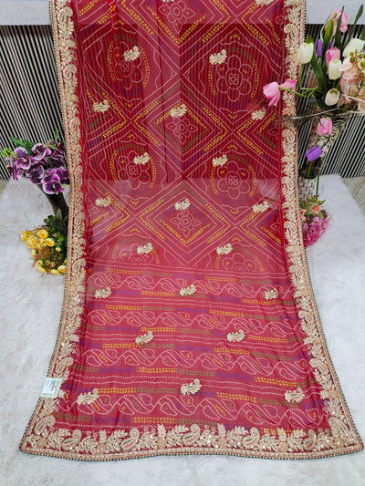 Exquisite Deep Red Bandhej Saree with Zari & Sequin Embellishments
