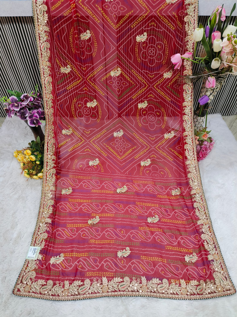 Exquisite Deep Red Bandhej Saree with Zari & Sequin Embellishments