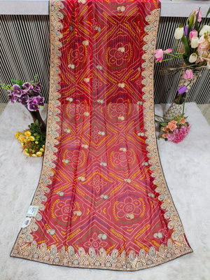 Artistic Vibrant Red Bandhej Saree with Grand Zari Border