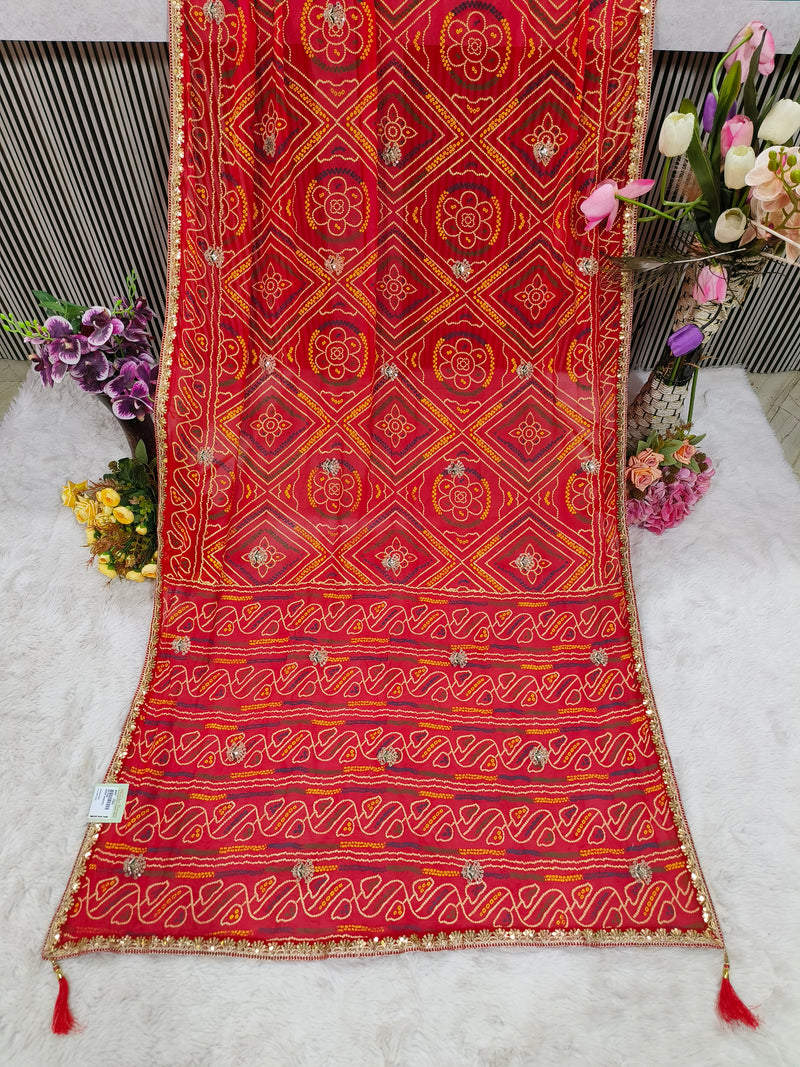 Contemporary Crimson Red Bandhej Saree with Tassels & Sequin Border