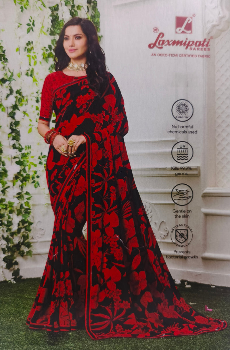 Elegant Black and Red Floral Print Laxmipati Saree