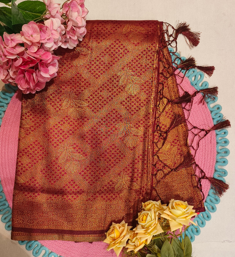 Elegant Maroon Banarasi Silk Saree with Rich Zari Weave