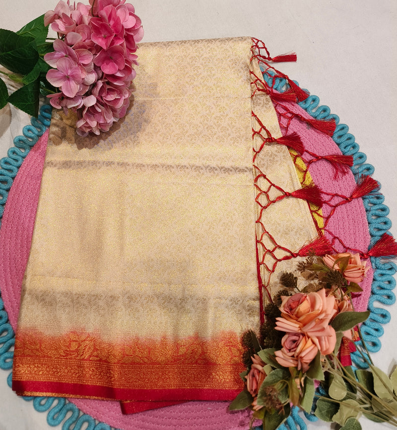 Elegant Butter Cream Art Silk Saree with Rich Zari Border & Tassels