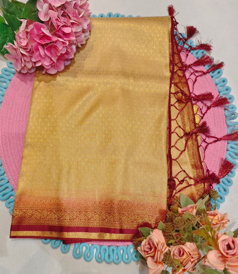 Radiant Golden Silk Saree with Maroon Zari Border
