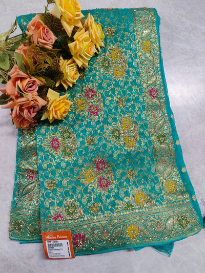 Stunning Firozi Khaddi Georgette Floral Embroidered Saree
