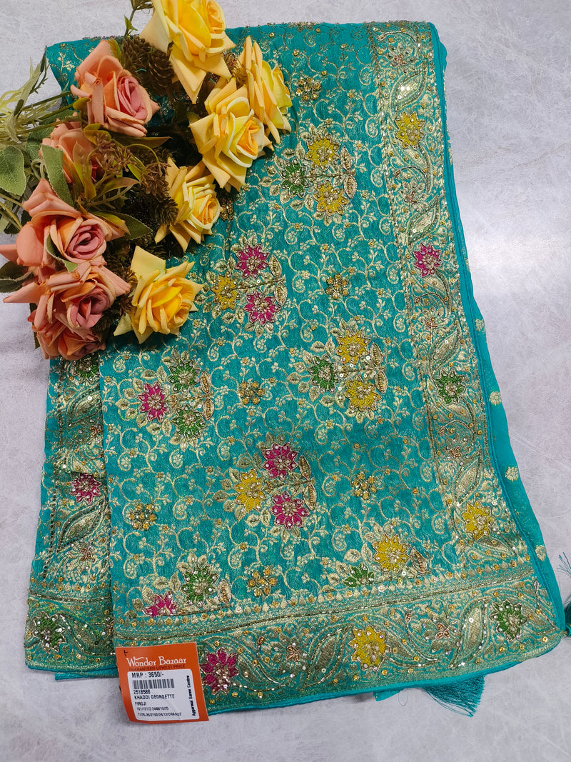 Stunning Firozi Khaddi Georgette Floral Embroidered Saree