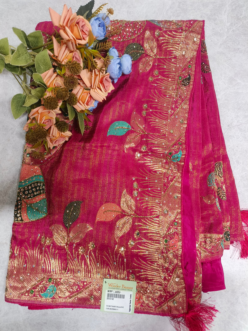 Radiant Magenta Georgette Saree with Zari & Sequin Floral Work