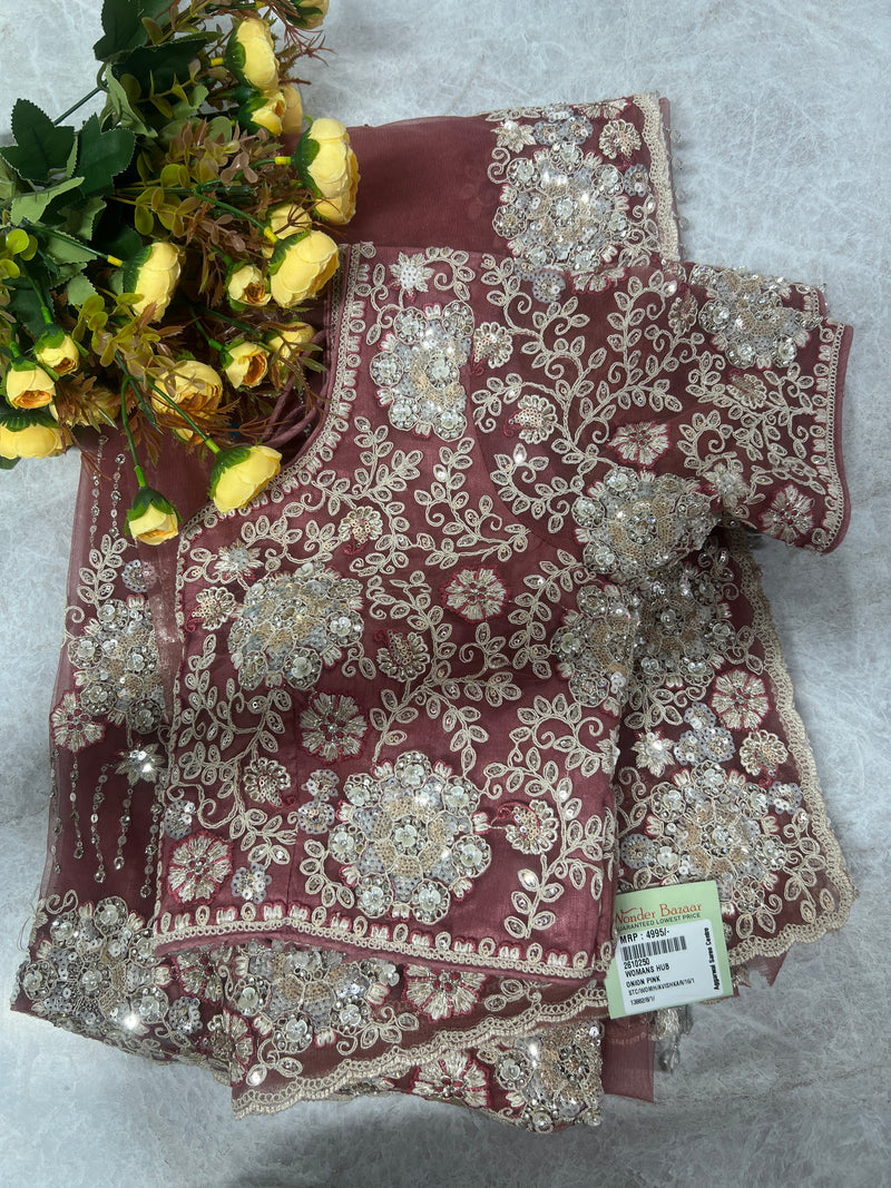 Elegant Onion Pink Net Saree with Intricate Floral Embroidery