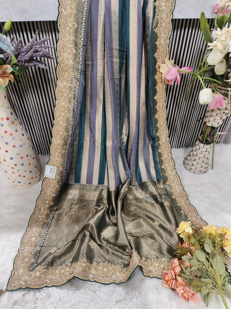 Elegant Teal and Charcoal Striped Silk Saree with Heavy Gold Zari Border