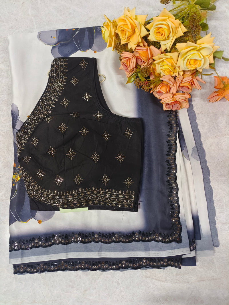 Elegant White & Grey Ombre Saree with Designer Black Sequin Blouse