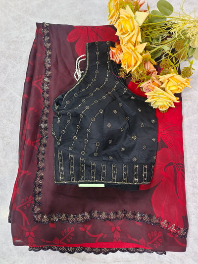 Stunning Maroon Floral Chiffon Saree with Sequin-Embellished Black Blouse