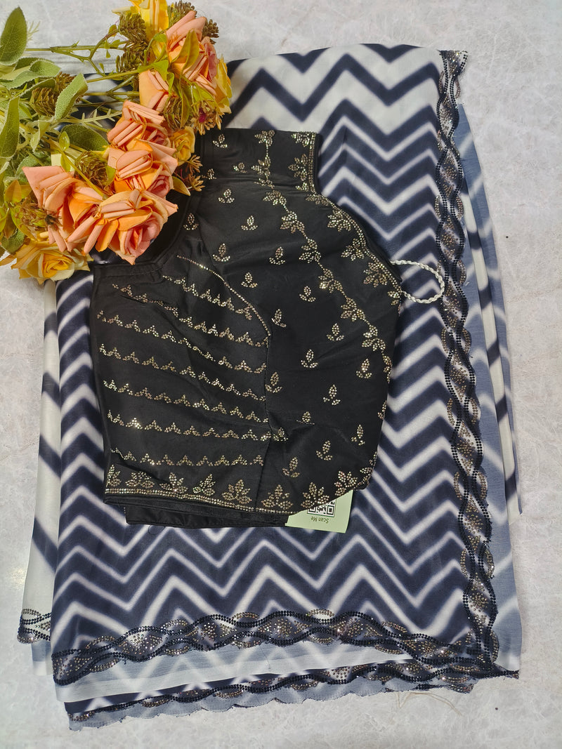 Trendy Blue & White Zigzag Print Saree with Heavy Sequin Blouse