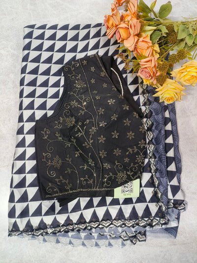 Chic Black & White Geometric Saree with Floral Embroidered Blouse