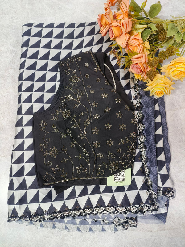 Chic Black & White Geometric Saree with Floral Embroidered Blouse