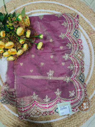 Opulent Plum Purple Embroidered Net Saree with Scalloped Border
