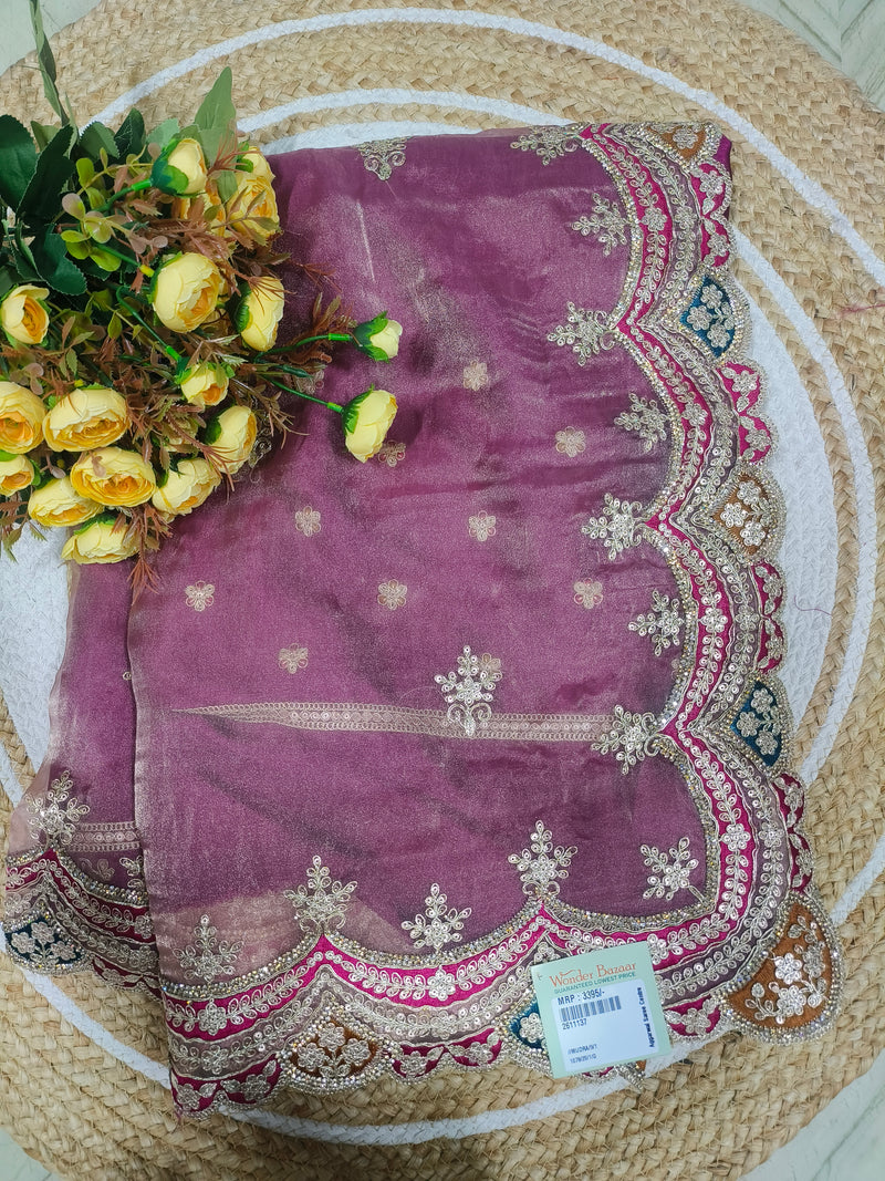 Opulent Plum Purple Embroidered Net Saree with Scalloped Border