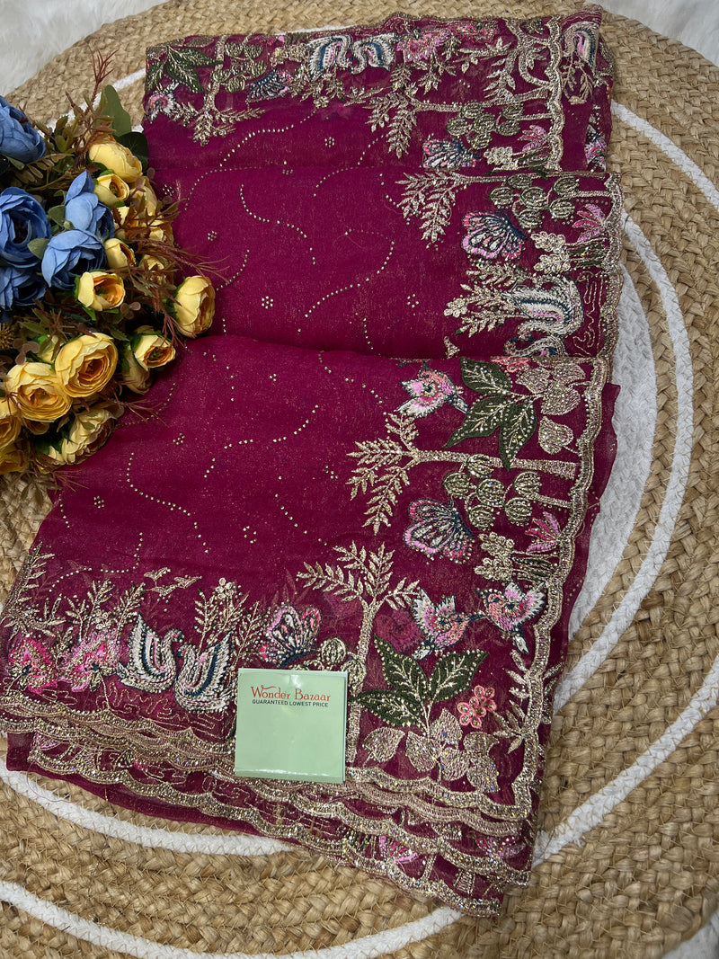 Radiant Rani Pink Georgette Saree with Sequin & Embroidered Border