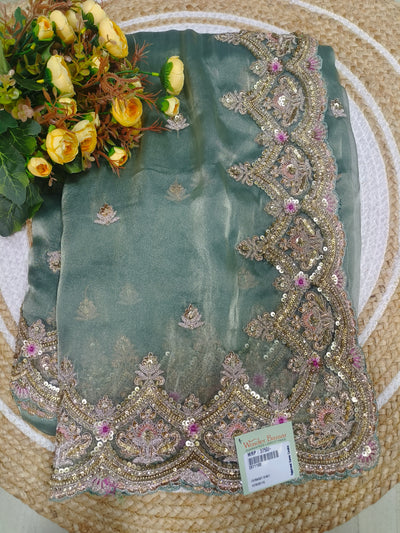 Shimmering Olive Green Georgette Saree with Elaborate Sequin Work