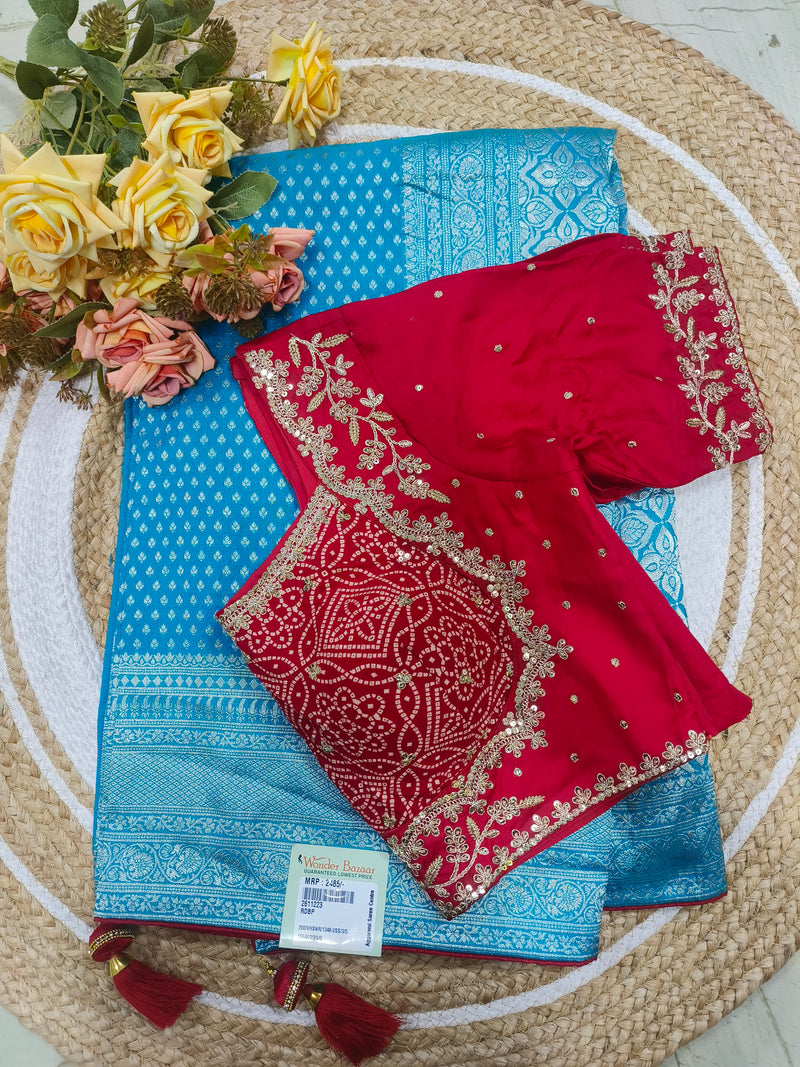 Elegant Pink Woven Saree with Embroidered Contrast Blouse