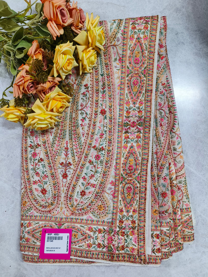 Elegant Off-White Georgette Saree with Multicolored Kashmiri Embroidery