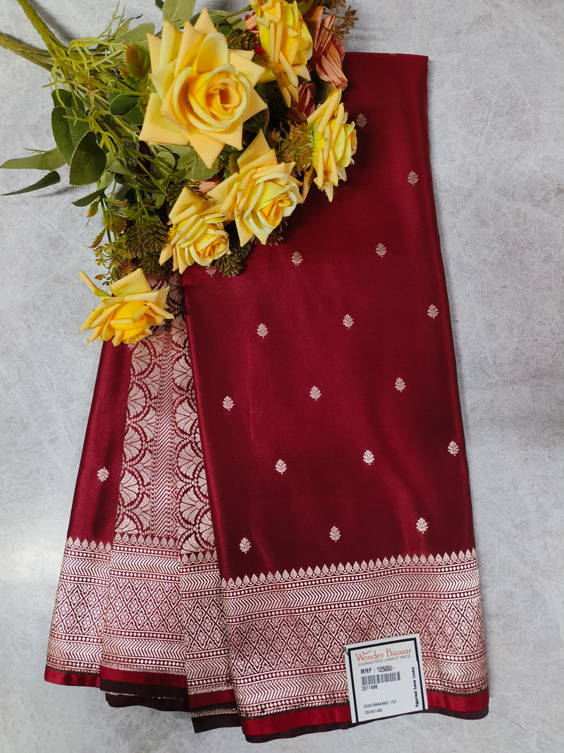 Opulent Maroon Banarasi Silk Saree with Antique Gold Zari Border