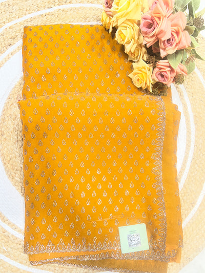 Radiant Mustard Yellow Satin Saree with Delicate Stone Work - [None]