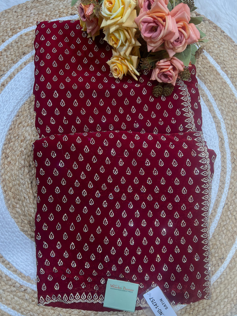 Royal Maroon Satin Saree with Shimmering Droplet Design - [None]