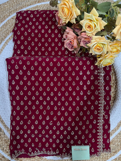 Luxurious Burgundy Satin Saree with Dazzling Embellishments