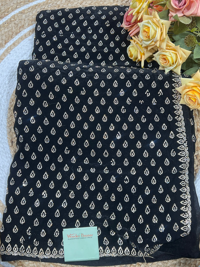 Sophisticated Black Satin Saree with Shimmering Beadwork