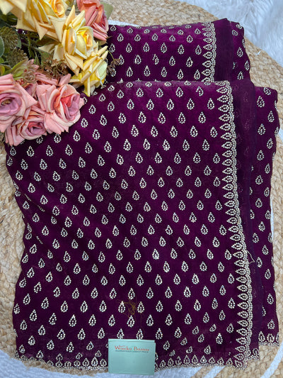 Regal Deep Purple Satin Saree with Intricate Stone Detailing