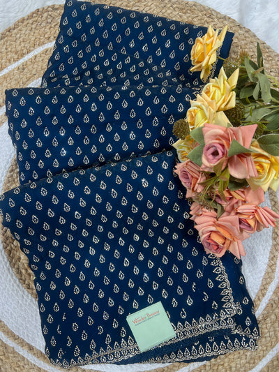 Chic Navy Blue Satin Saree with Sparkling Embellishments