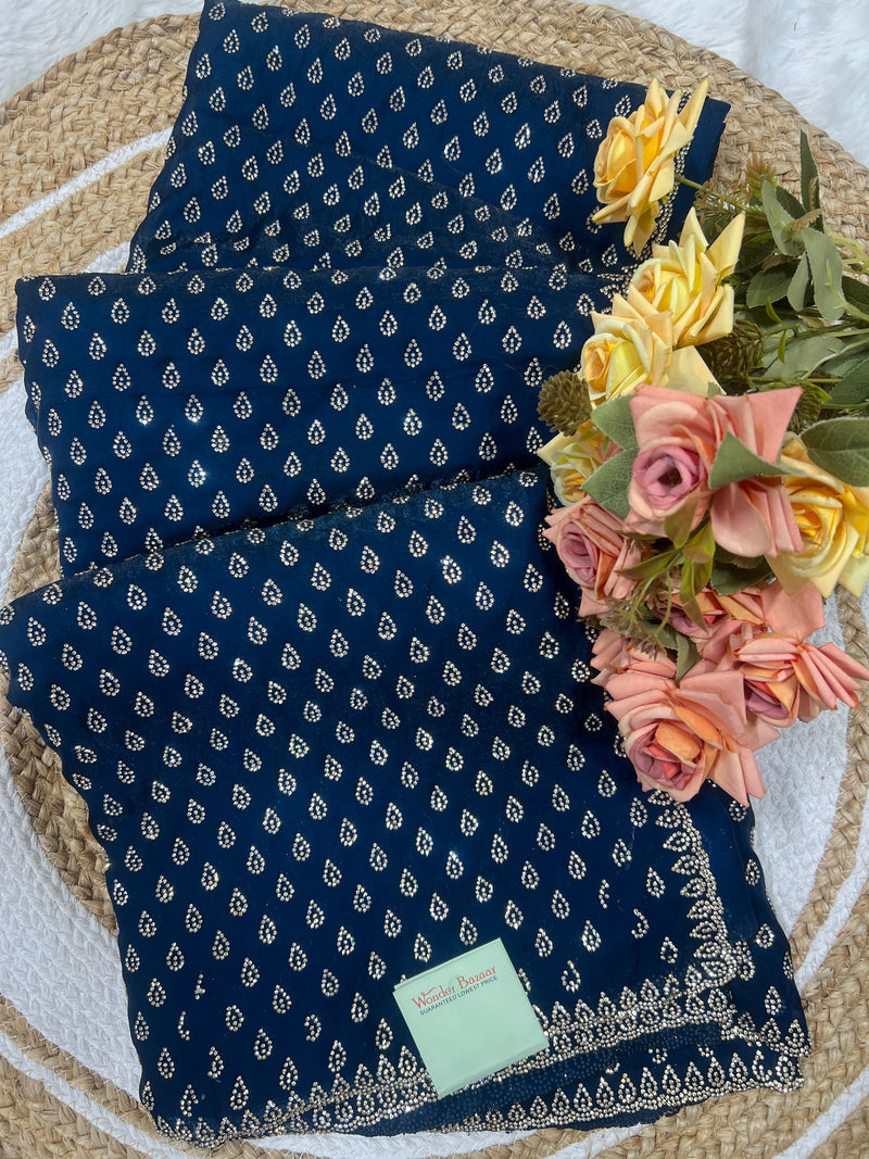 Chic Navy Blue Satin Saree with Sparkling Embellishments