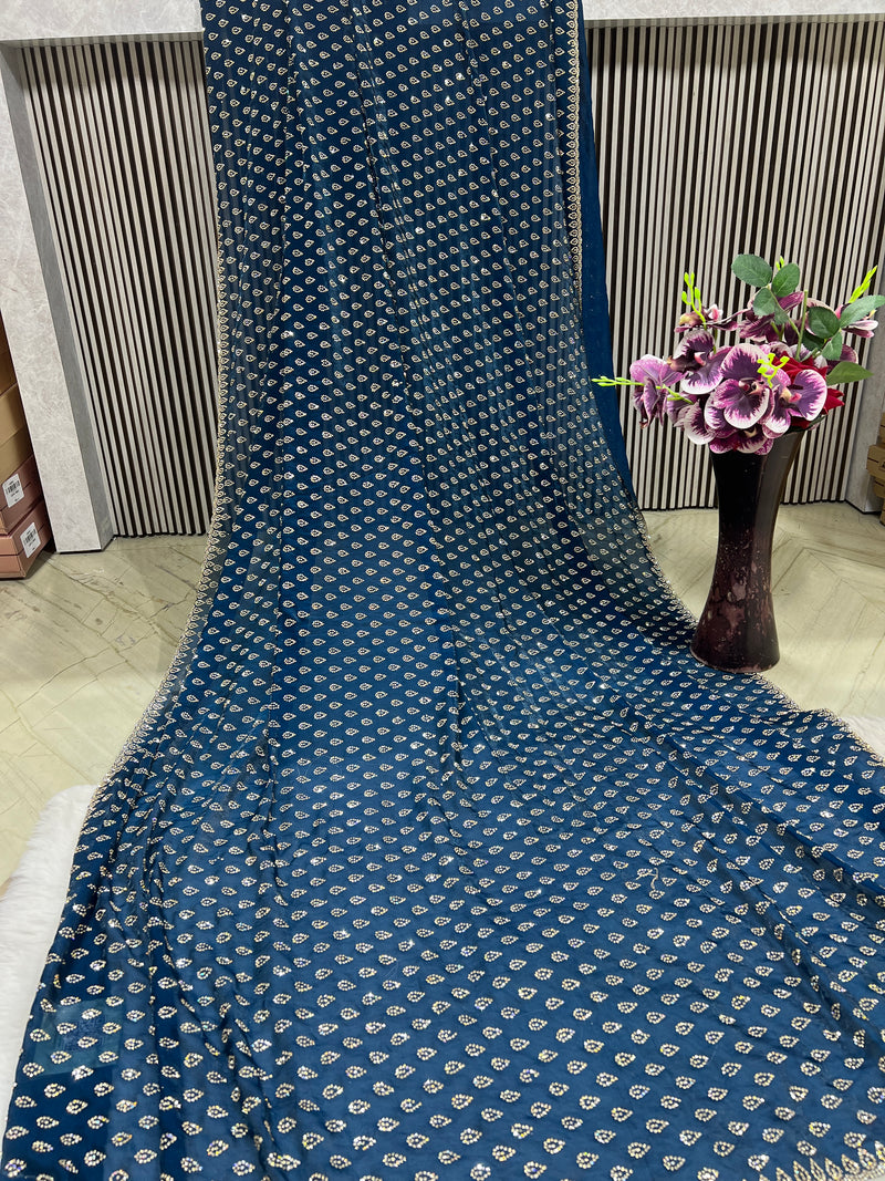 Alluring Navy Blue Satin Saree with Glimmering Motifs - [None]