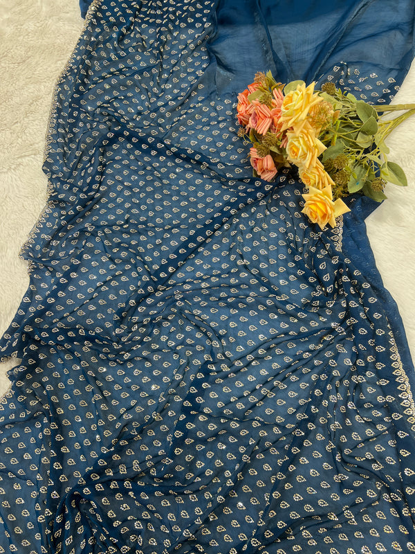 Alluring Navy Blue Satin Saree with Glimmering Motifs - [None]