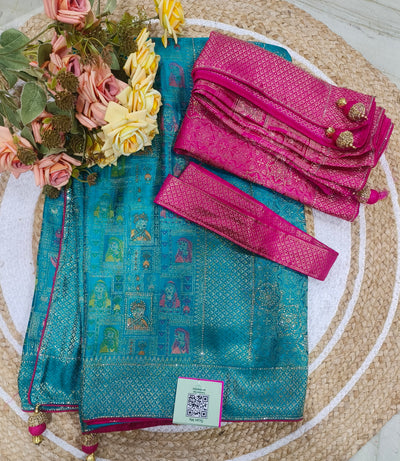 Vibrant Teal Blue Art Silk Saree with Woven Motifs & Pink Blouse