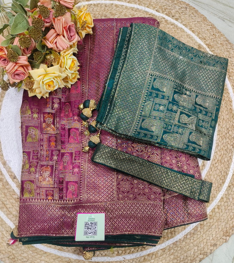 Vibrant Teal Blue Art Silk Saree with Woven Motifs & Pink Blouse