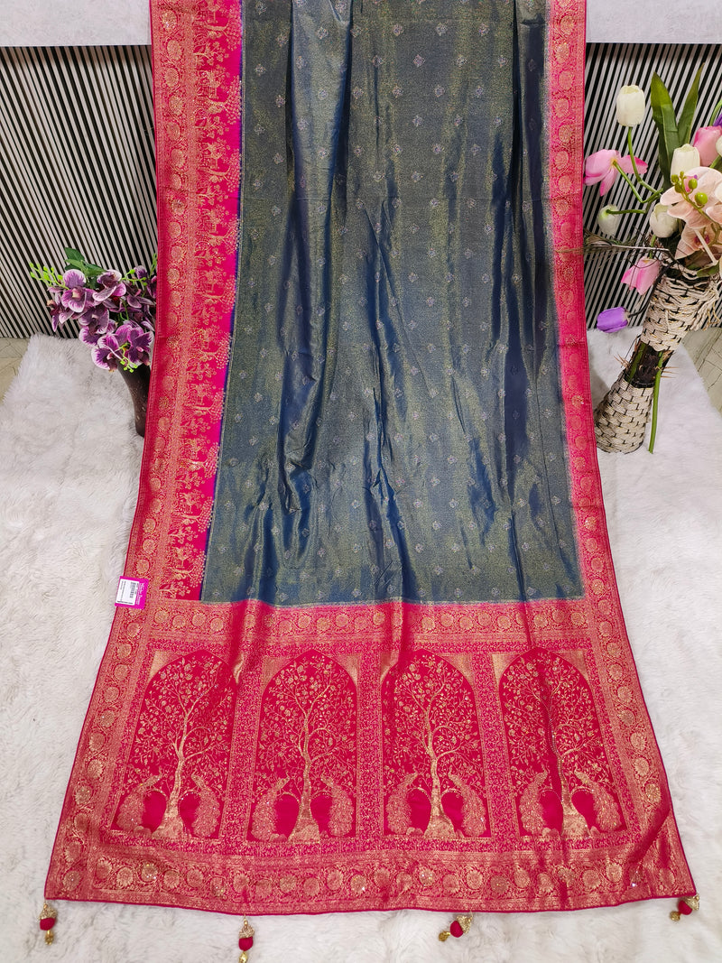 Stunning Teal Banarasi Silk Saree with Rani Pink Zari Tree Motif Border