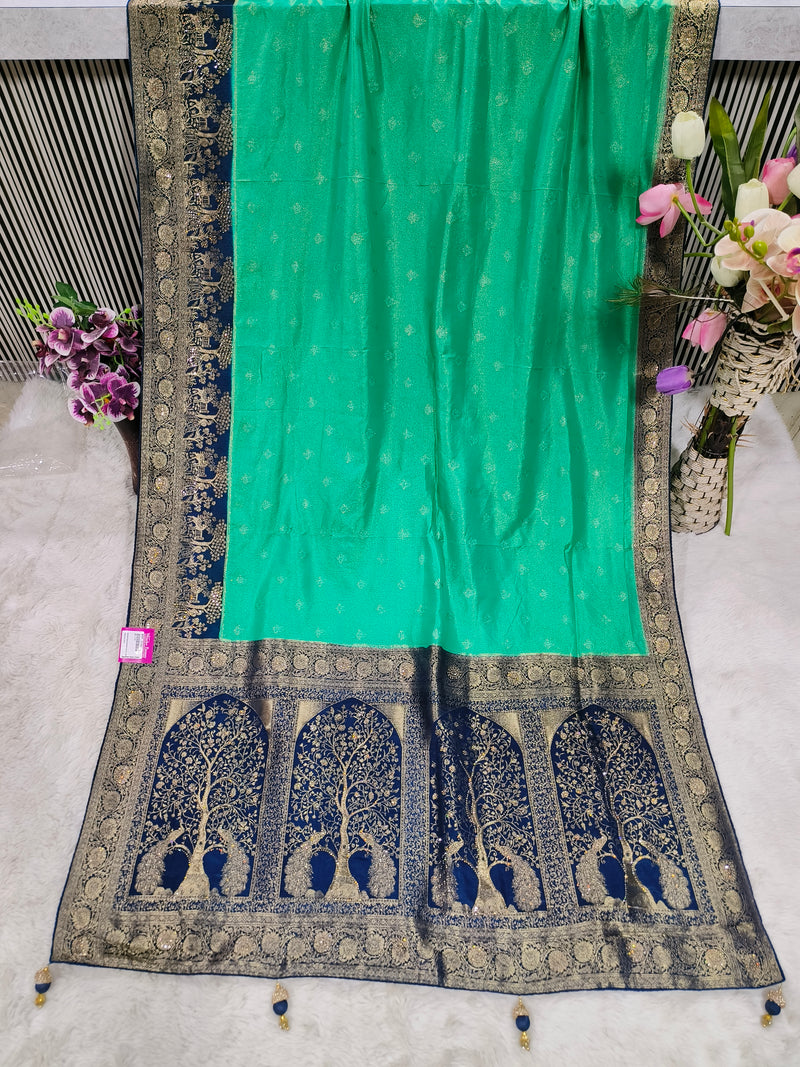 Stunning Teal Banarasi Silk Saree with Rani Pink Zari Tree Motif Border