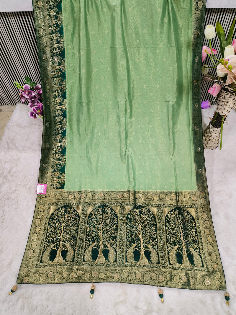 Stunning Teal Banarasi Silk Saree with Rani Pink Zari Tree Motif Border