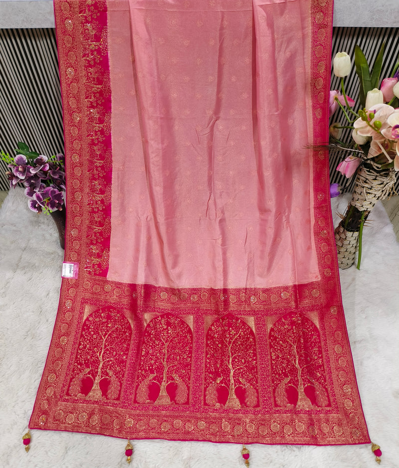 Stunning Teal Banarasi Silk Saree with Rani Pink Zari Tree Motif Border