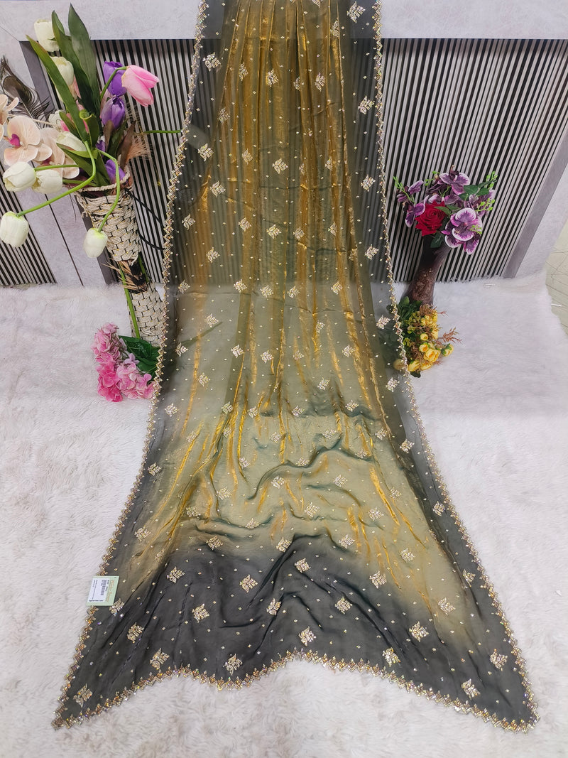 Exquisite Green-Grey Ombre Fancy Saree with Gold Sequin Work
