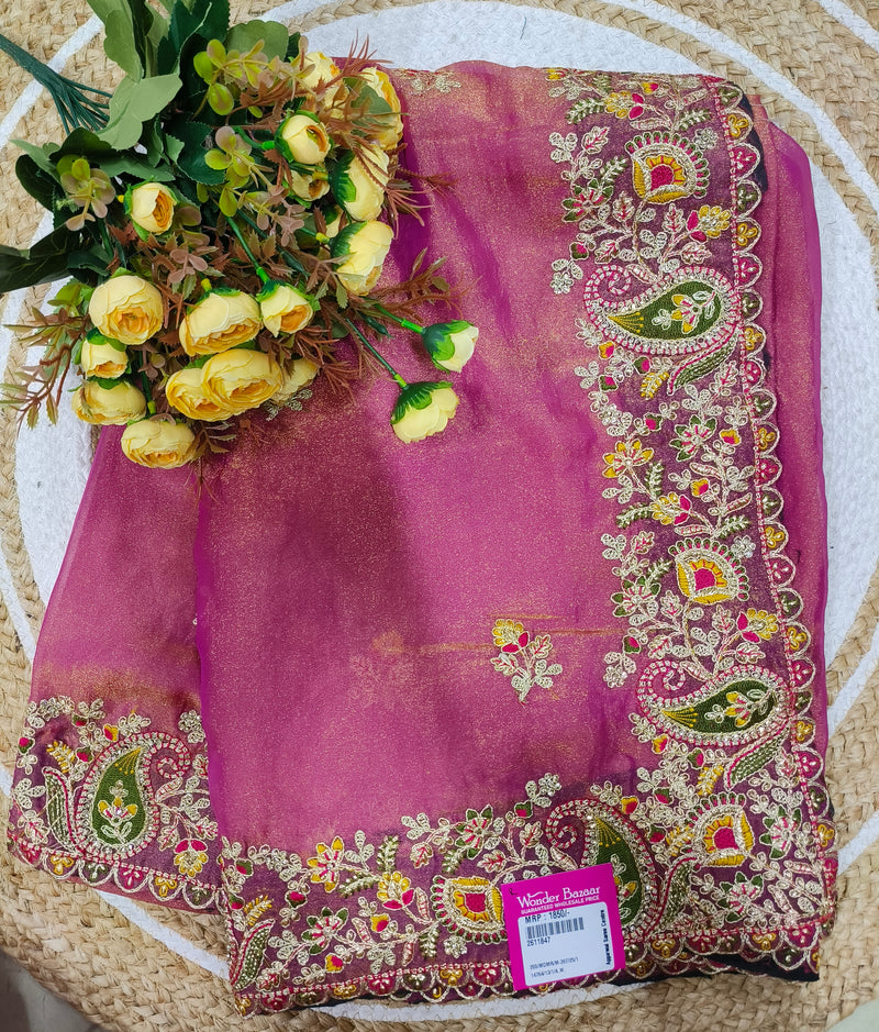 Vibrant Magenta Pink Fancy Saree with Embroidered Paisley Border