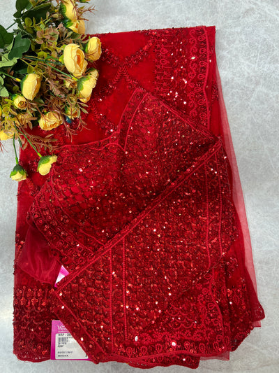 Stunning Scarlet Red Net Saree with Shimmering Sequin Embellishments