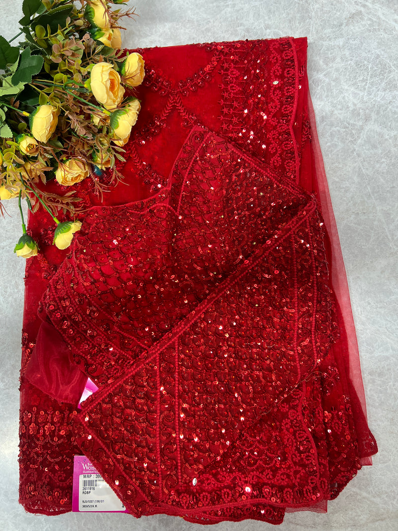 Stunning Scarlet Red Net Saree with Shimmering Sequin Embellishments